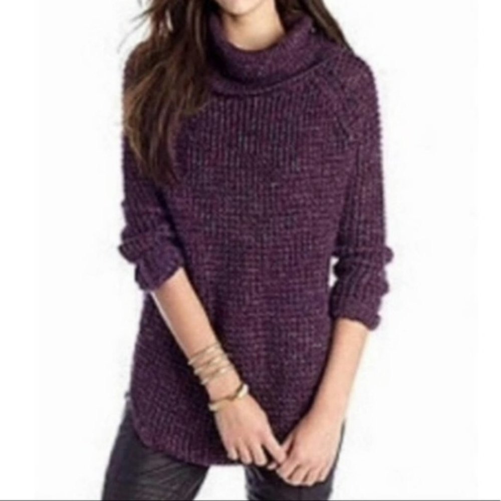 Free People Wool Purple Dylan Tweedy turtle neck  chunky knit sweater Size XS